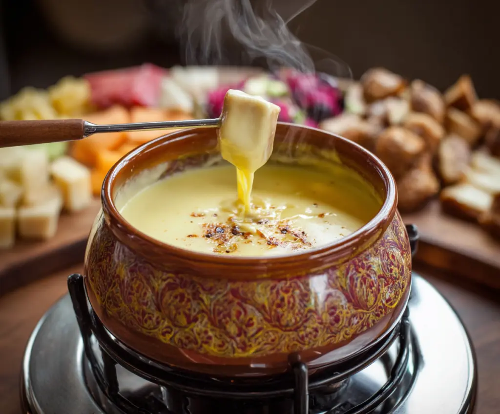 Delicious melted cheese fondue served with bread cubes for dipping.