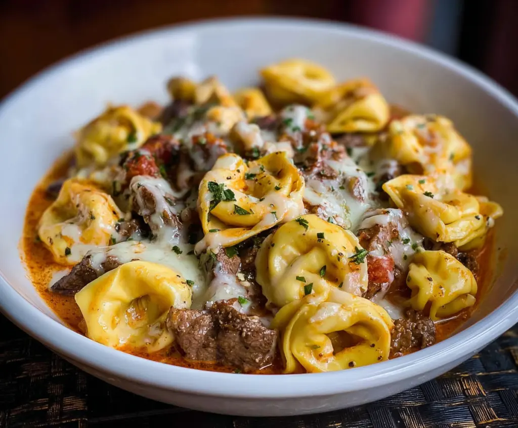 Delicious cheesesteak tortellini with melted cheese and savory beef filling on a plate.