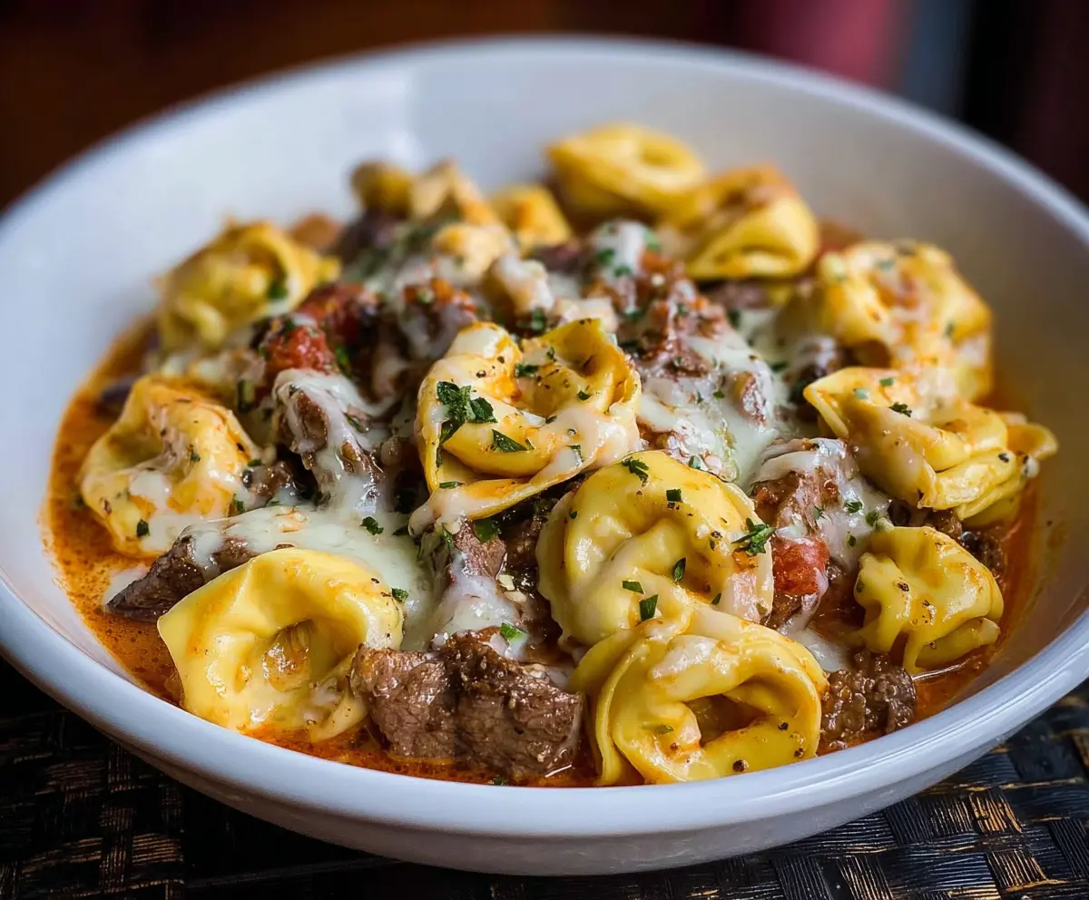 Delicious cheesesteak tortellini with melted cheese and savory beef filling on a plate.