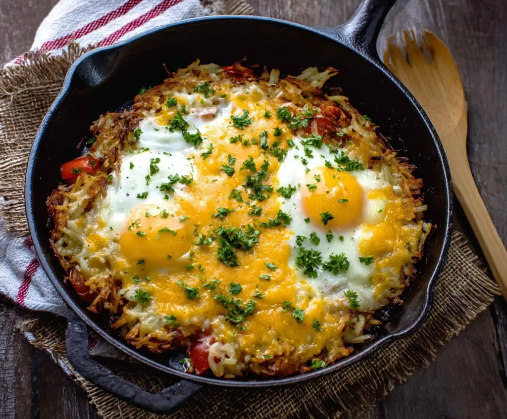 Delicious cheesy egg hash browns served on a plate with melted cheese and crispy edges.