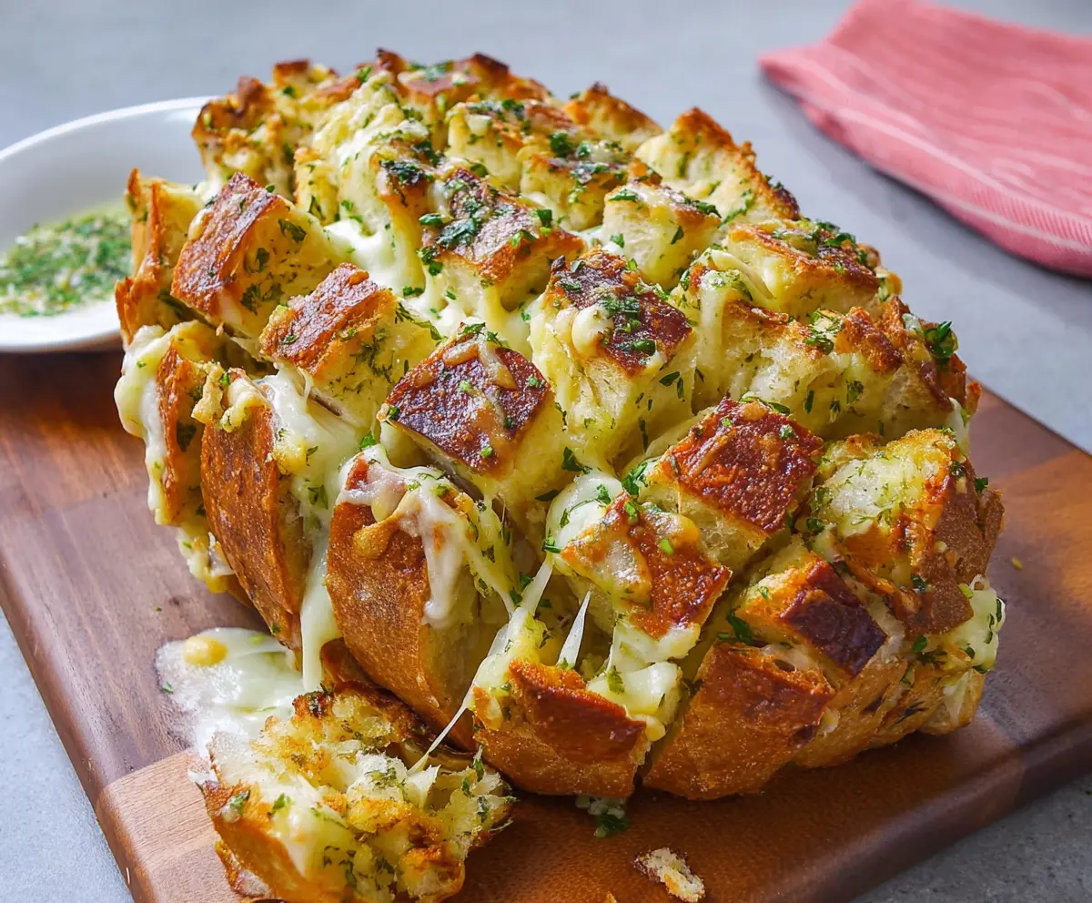 Delicious cheesy pull apart garlic bread on a wooden serving board, perfect as a appetizer or snack.