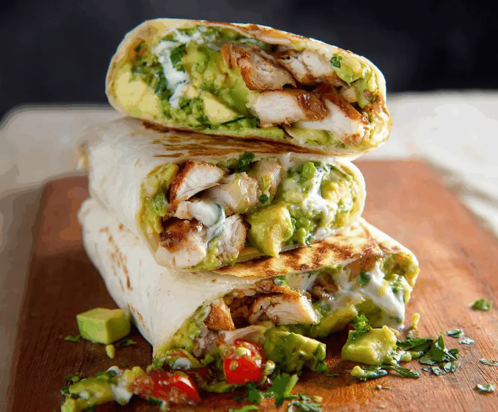 Delicious chicken avocado burrito sliced open showing fresh ingredients and melted cheese.