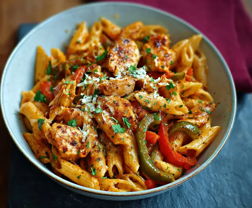 Delicious Chicken Fajita Pasta with colorful bell peppers and melted cheese on a plate.