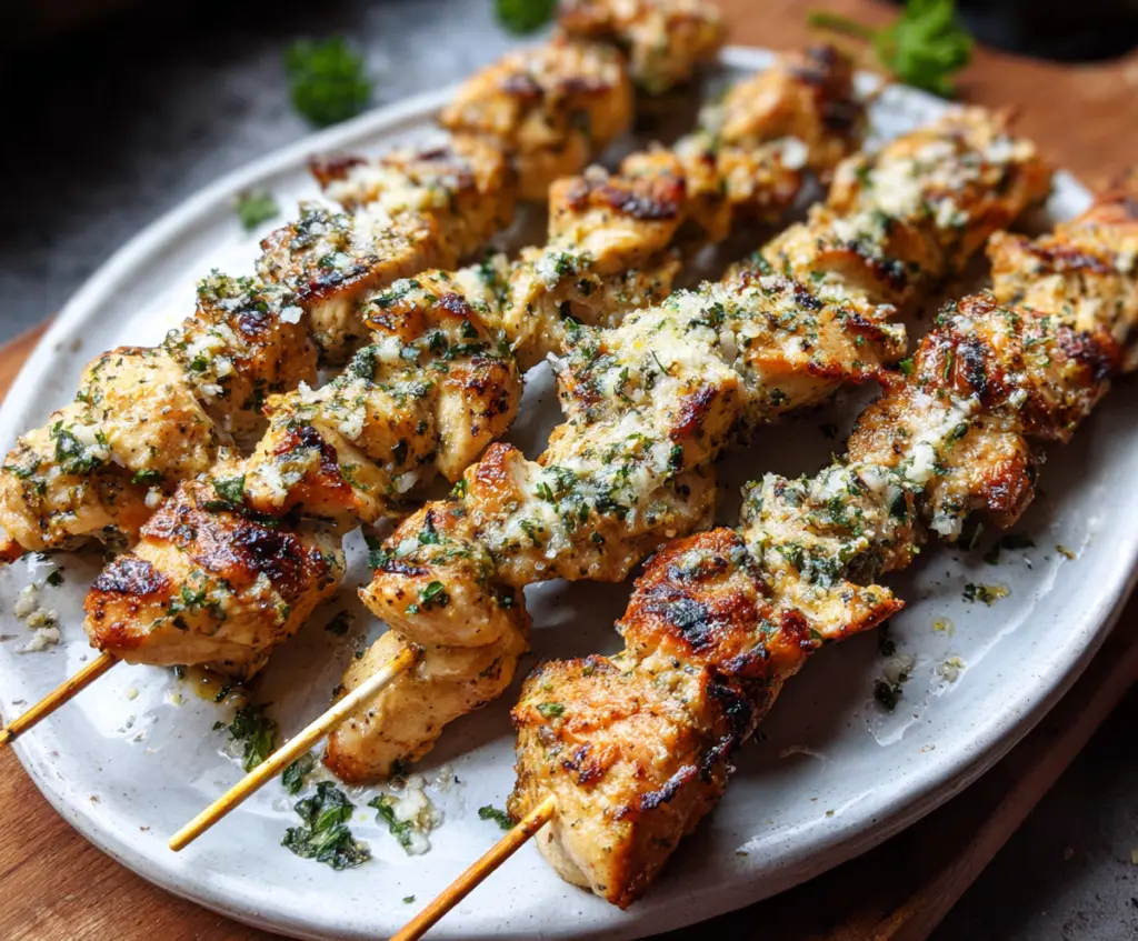 Grilled chicken skewers with garlic and Parmesan cheese on a serving plate.