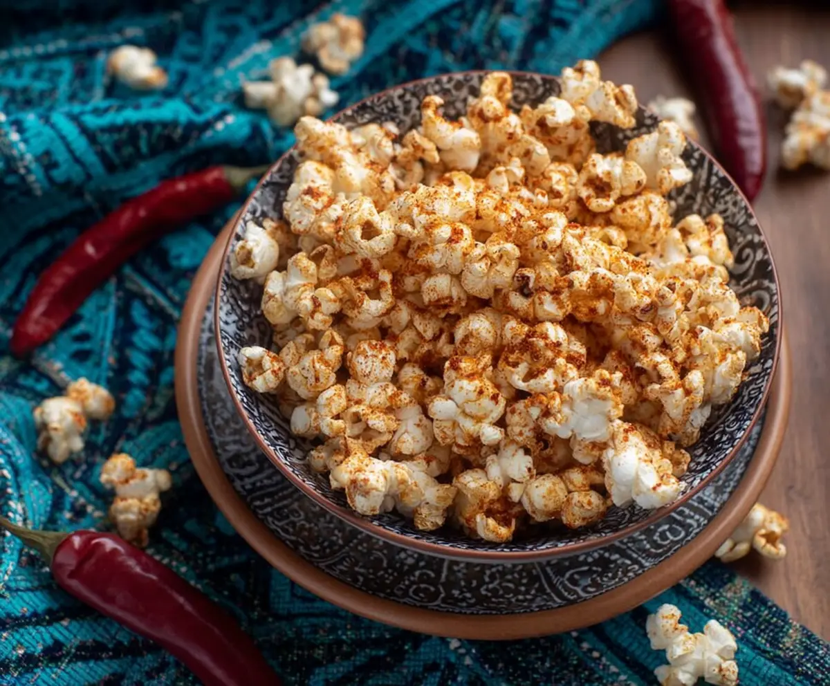 Spicy chili popcorn in a bowl, perfect for snacking at parties