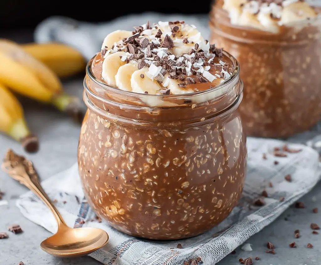 Delicious chocolate banana overnight oats in a glass jar, topped with banana slices and cocoa powder.