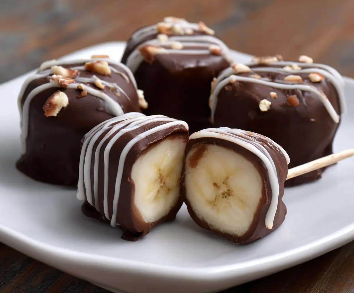 Delicious chocolate-covered banana bites garnished with sprinkles on a white plate.
