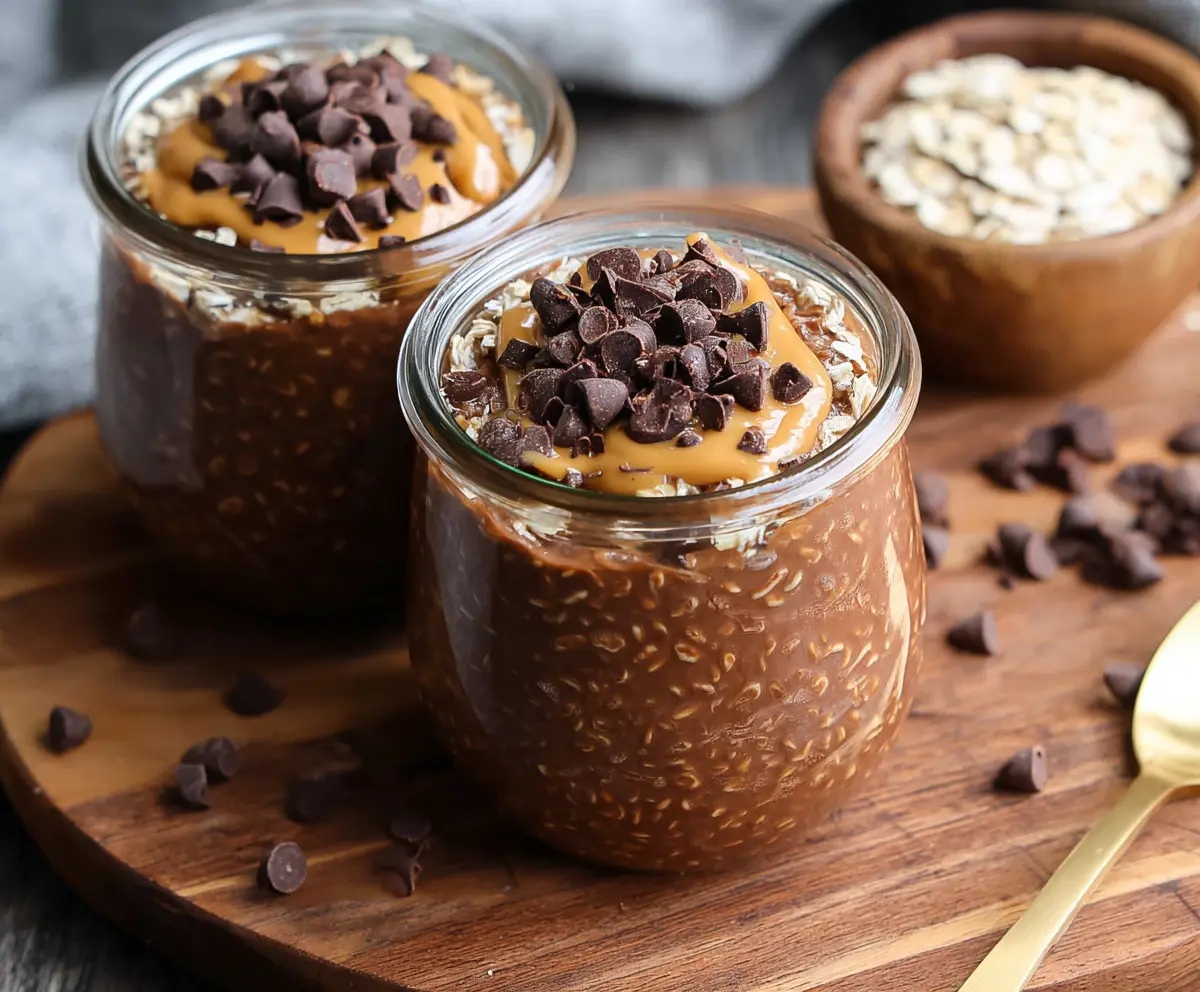 Creamy Chocolate Peanut Butter Overnight Oats in a glass jar garnished with chocolate chips and peanut slices.