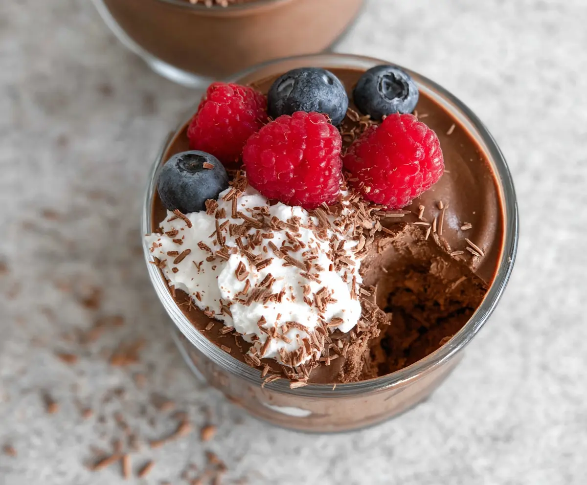 Creamy chocolate protein pudding served in a glass bowl, perfect for a healthy dessert.