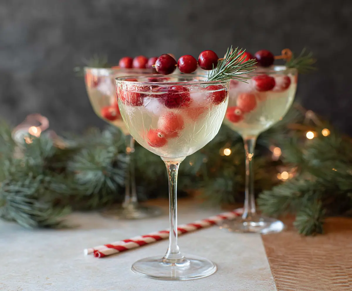 Elegant Christmas Vodka Martini garnished with a candy cane and red and white festive straws.