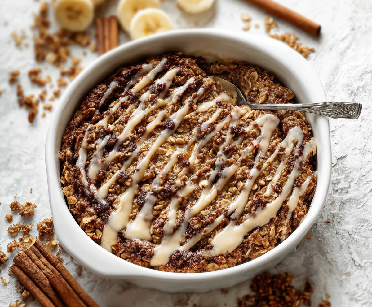 Delicious cinnamon roll baked oatmeal topped with cinnamon and icing perfect for a hearty breakfast