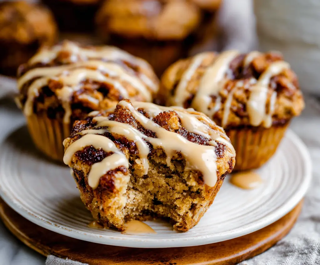 Delicious cinnamon roll protein muffins with swirled cinnamon sugar topping.