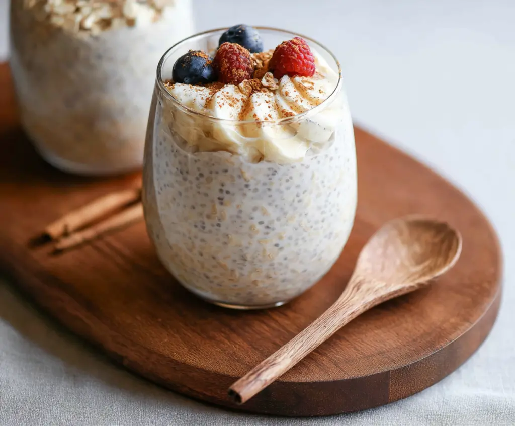 Creamy cinnamon vanilla overnight oats topped with fresh fruit for a healthy breakfast.
