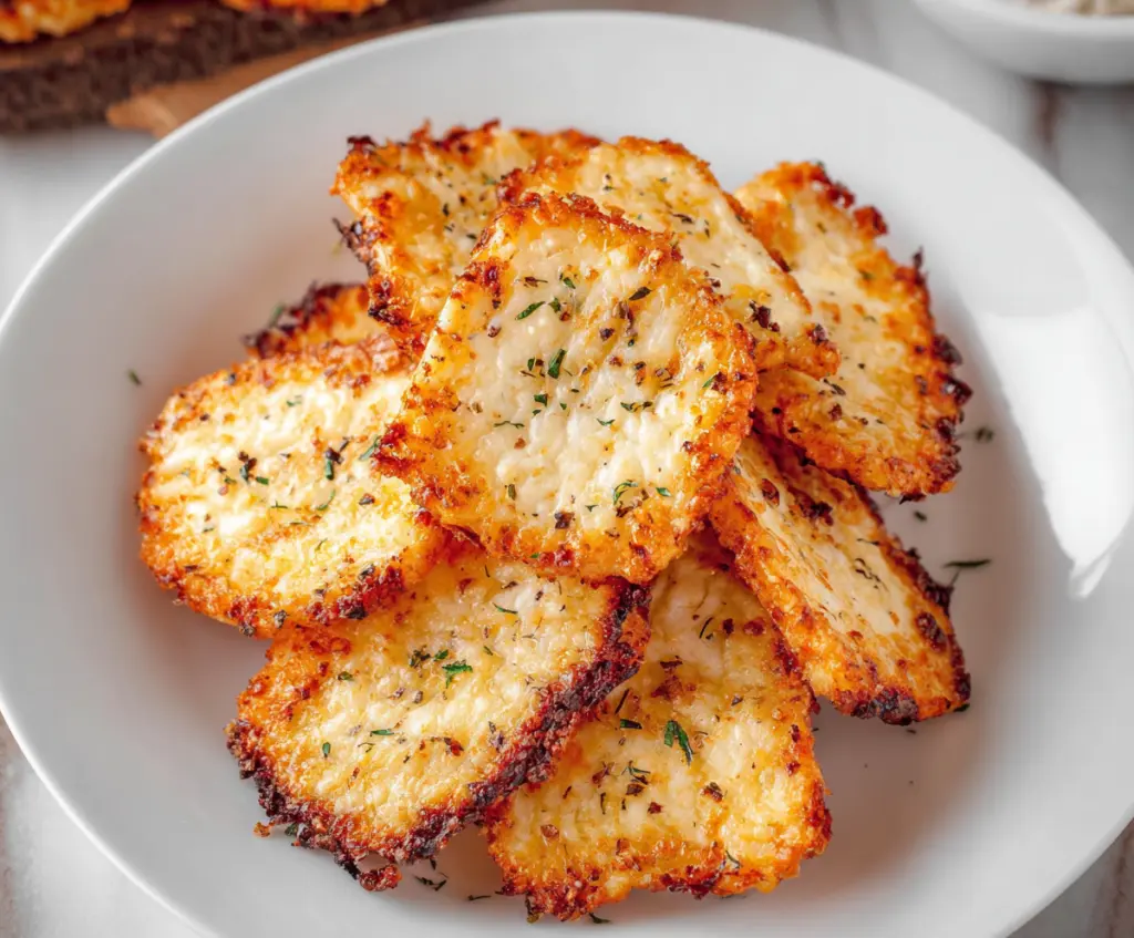 Crunchy homemade cottage cheese chips served with fresh herbs and a dipping sauce.
