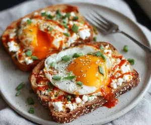 Healthy cottage cheese egg and Sriracha protein toast served on a plate with fresh herbs
