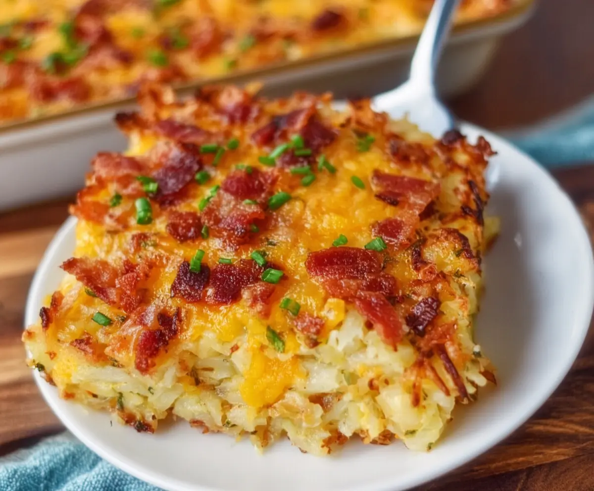 Delicious Crack Breakfast Casserole with crispy hashbrowns, eggs, cheese, and ham for a hearty breakfast.