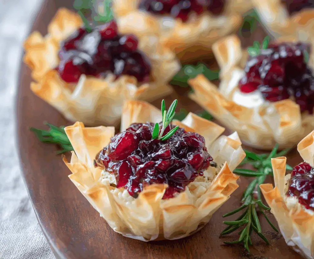 Delicious Cranberry Brie Phyllo Cups garnished with fresh cranberries and herbs.
