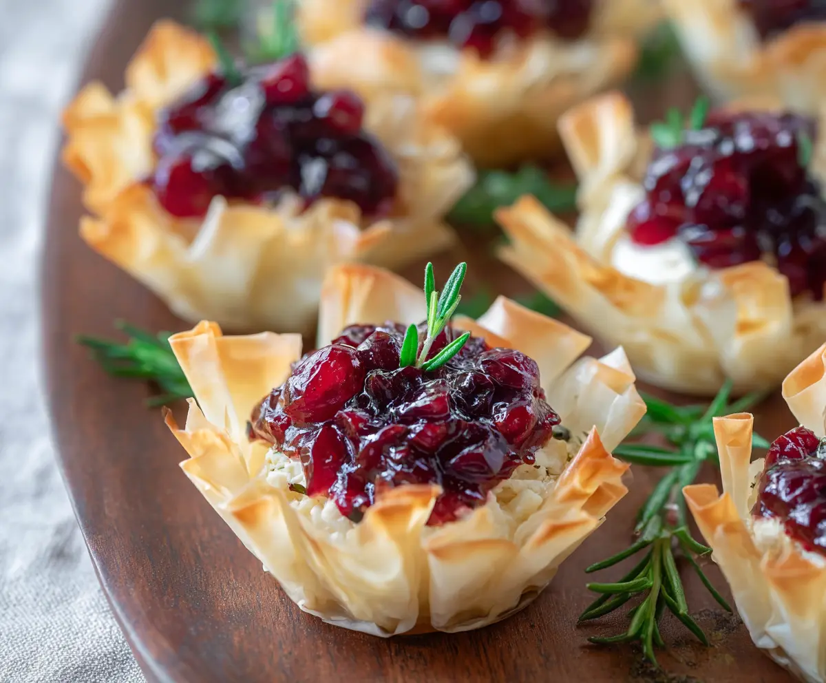 Delicious Cranberry Brie Phyllo Cups garnished with fresh cranberries and herbs.
