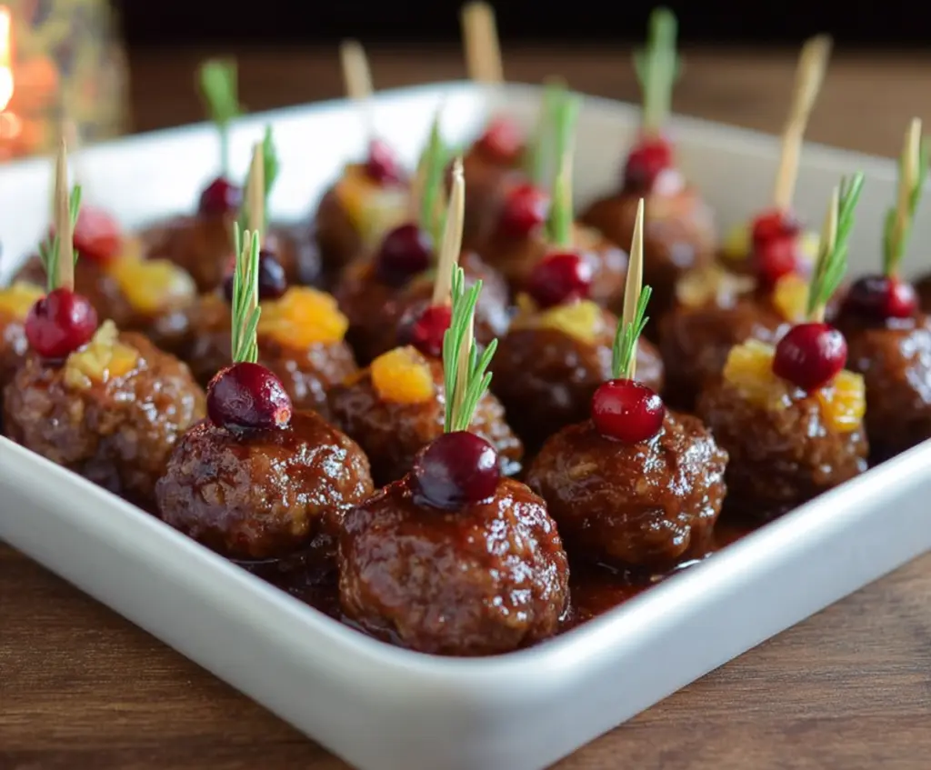Cranberry Chipotle Cocktail Meatballs served as a savory appetizer with a rich cranberry glaze.