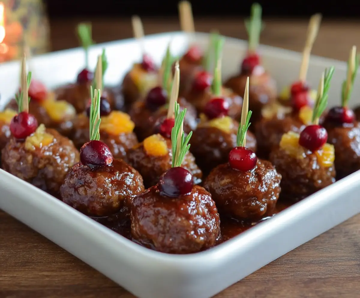 Cranberry Chipotle Cocktail Meatballs served as a savory appetizer with a rich cranberry glaze.