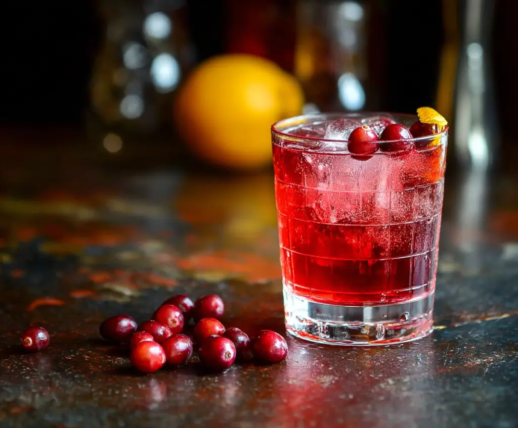 Refreshing Cranberry Negroni cocktail with vibrant red color and garnished with fresh cranberries.