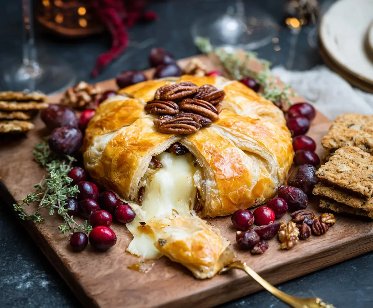 Fresh Cranberry Pecan Brie wrapped in golden puff pastry, perfect for holiday appetizers.