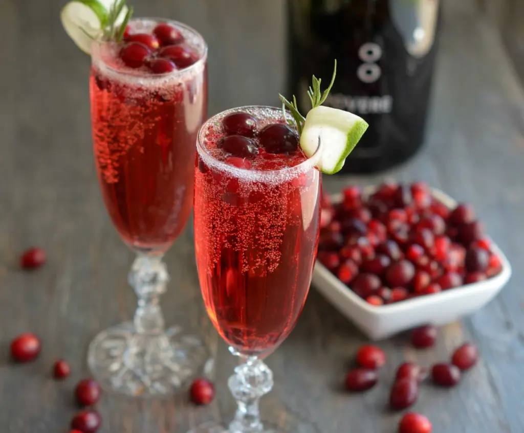Delicious Cranberry Prosecco Pomegranate Cocktail garnished with fresh cranberries and pomegranate seeds.