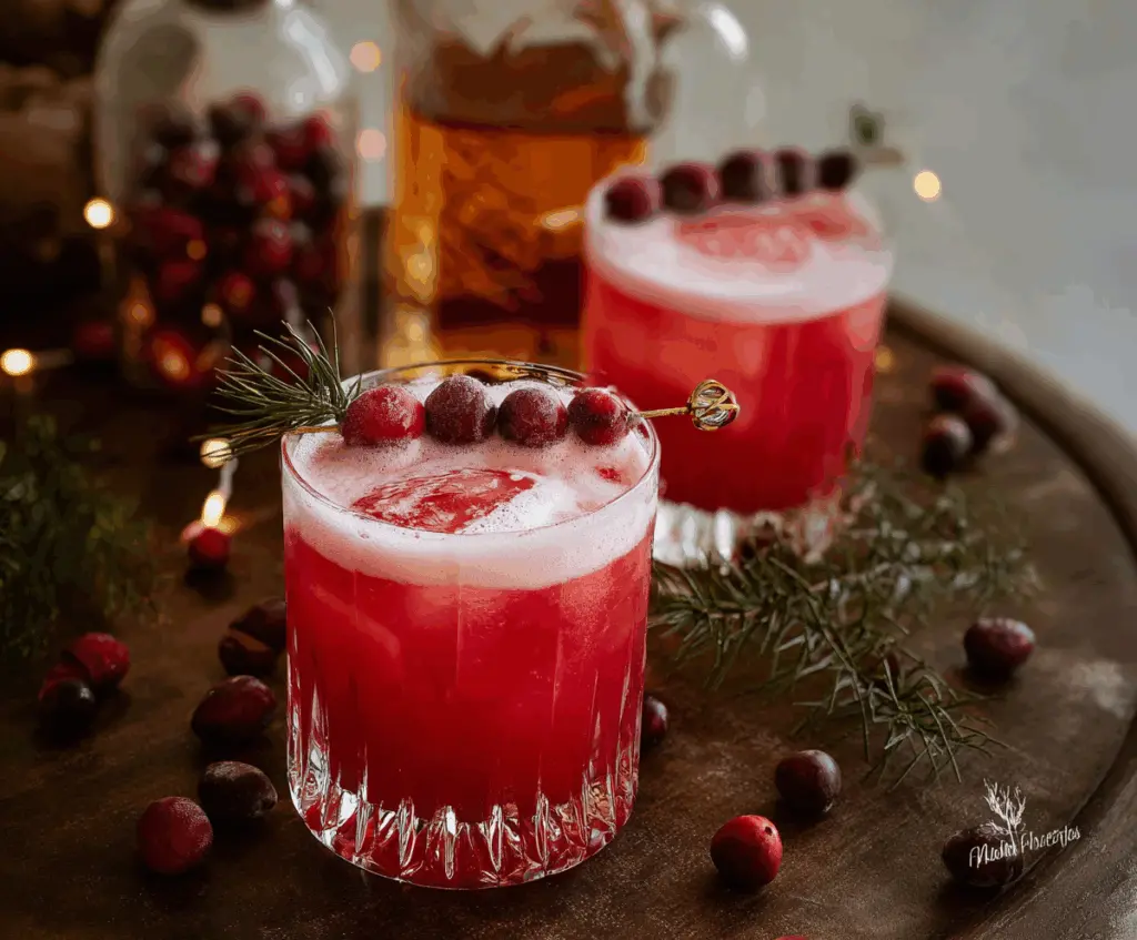 Refreshing Cranberry Whiskey Sour cocktail garnished with fresh cranberries and a lemon slice.