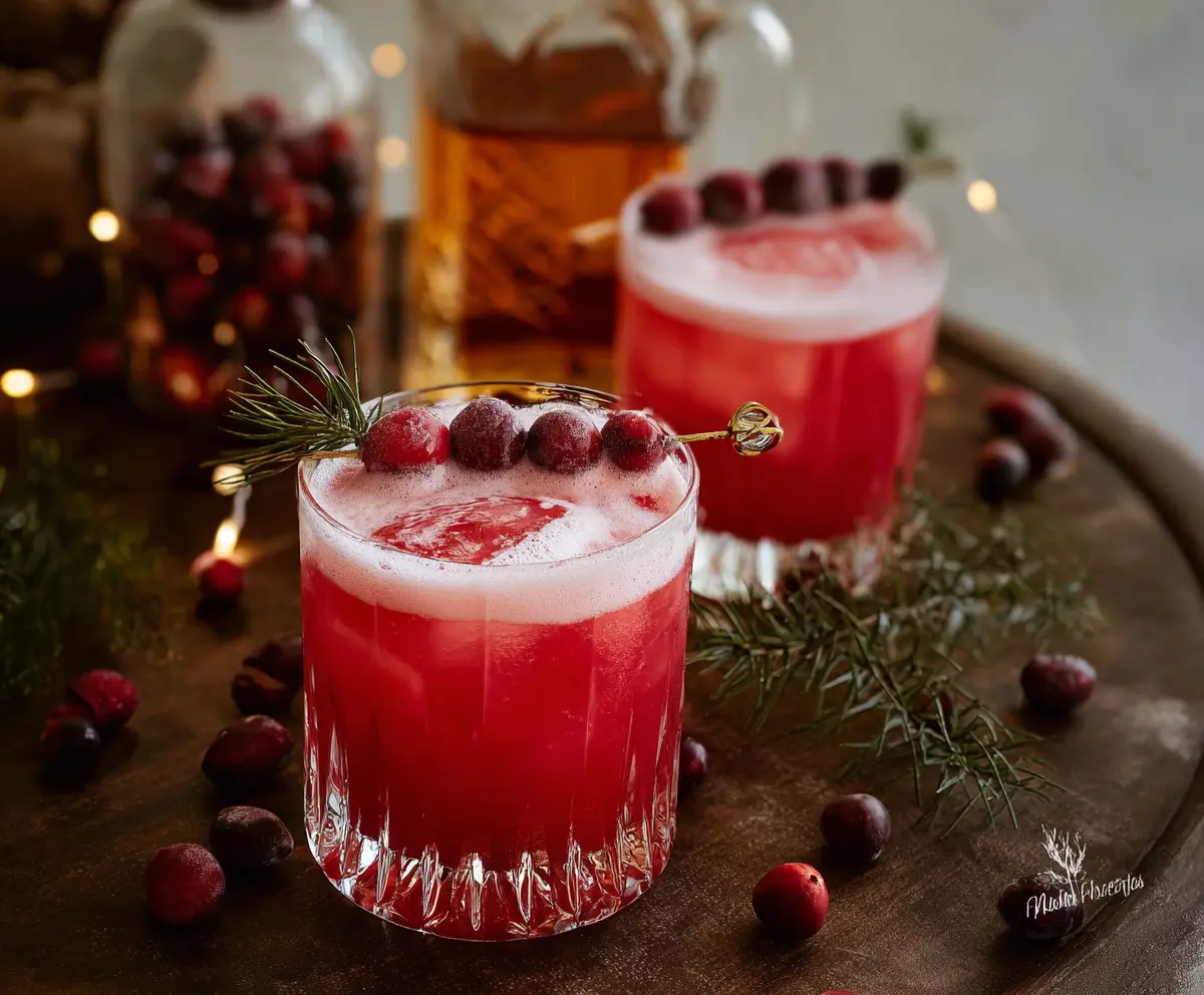 Refreshing Cranberry Whiskey Sour cocktail garnished with fresh cranberries and a lemon slice.