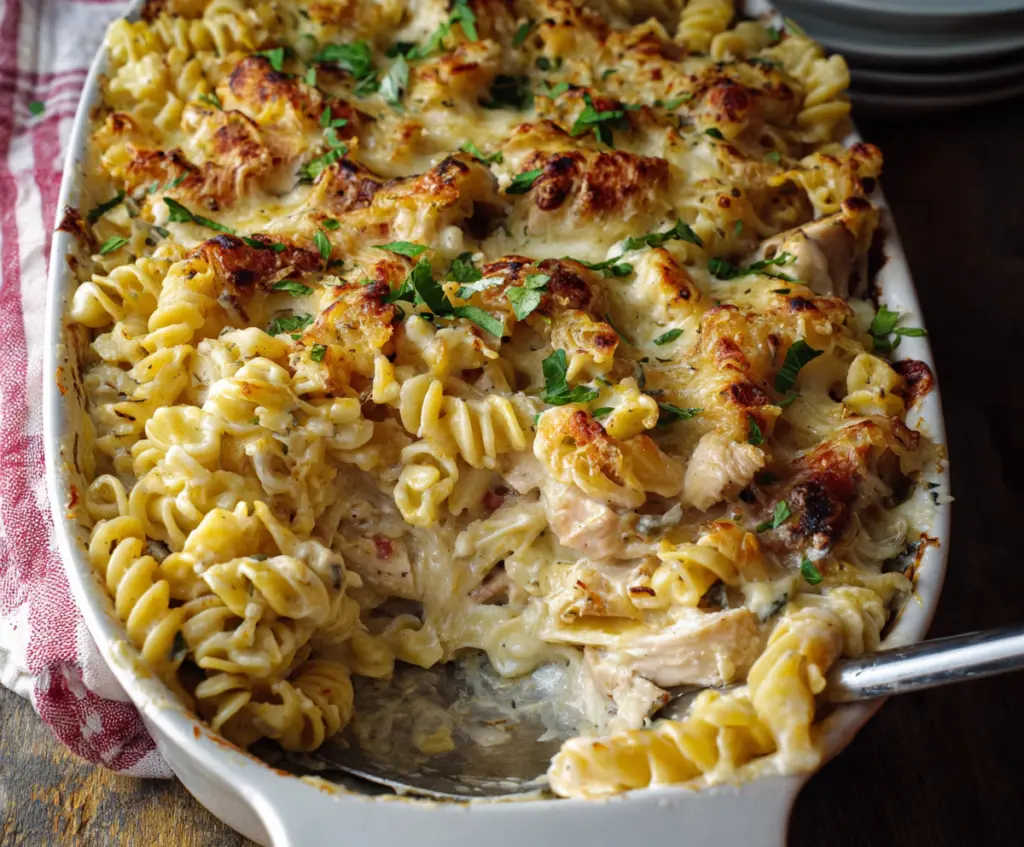 Delicious Creamy Chicken Alfredo Pasta Bake with golden cheese topping