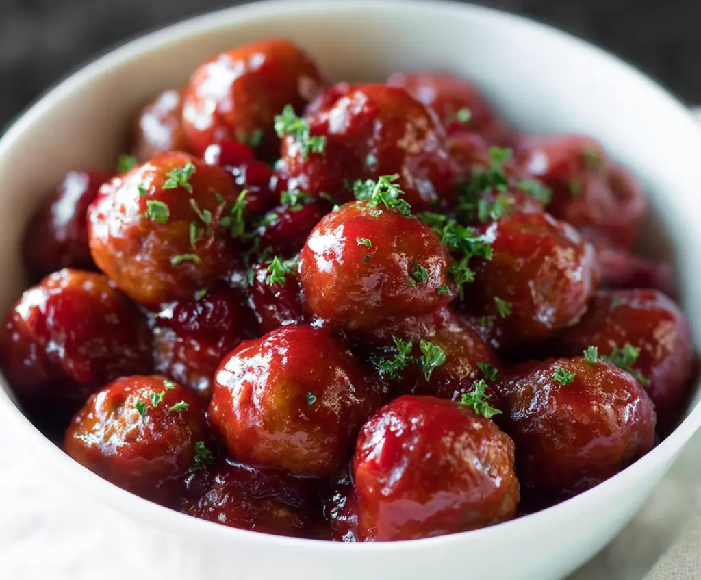 Delicious Crockpot Cranberry Meatballs served in a white dish for a festive appetizer.