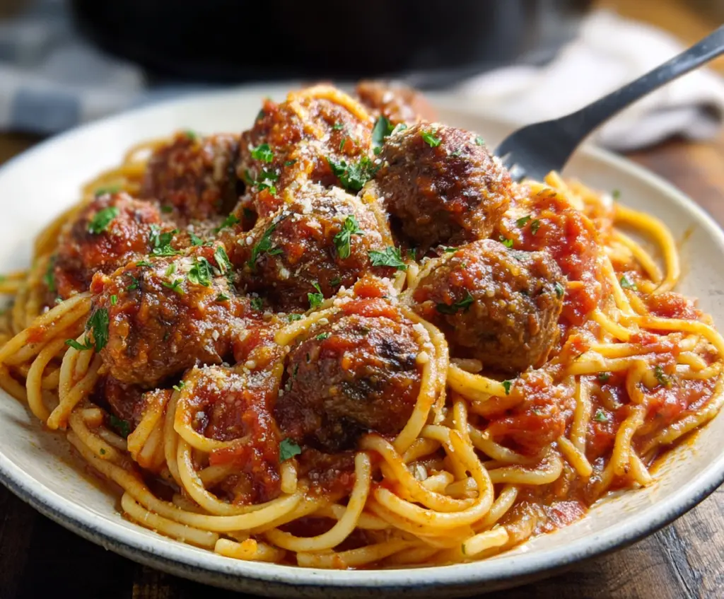 Delicious homemade crockpot spaghetti and meatballs served in a rustic bowl for a comforting family meal.
