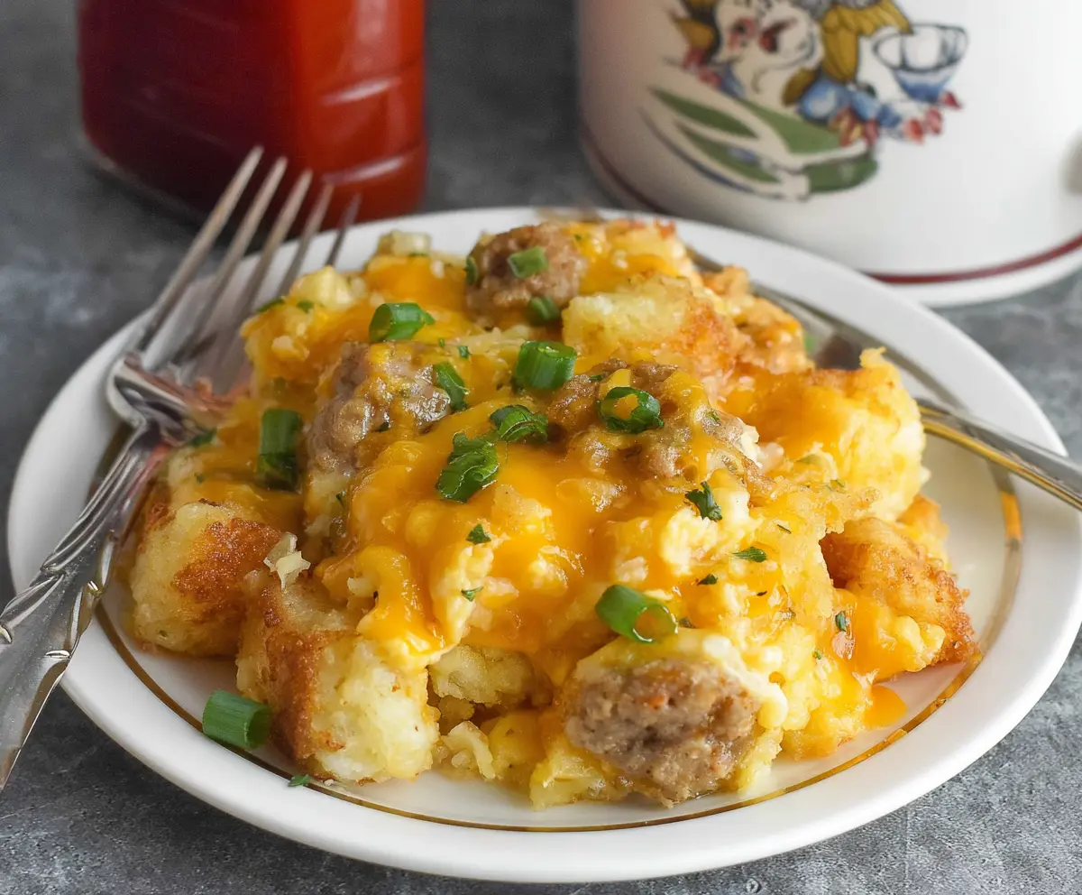 Delicious Crockpot Tater Tot Breakfast Casserole with crispy taters, eggs, and cheese ready to serve.
