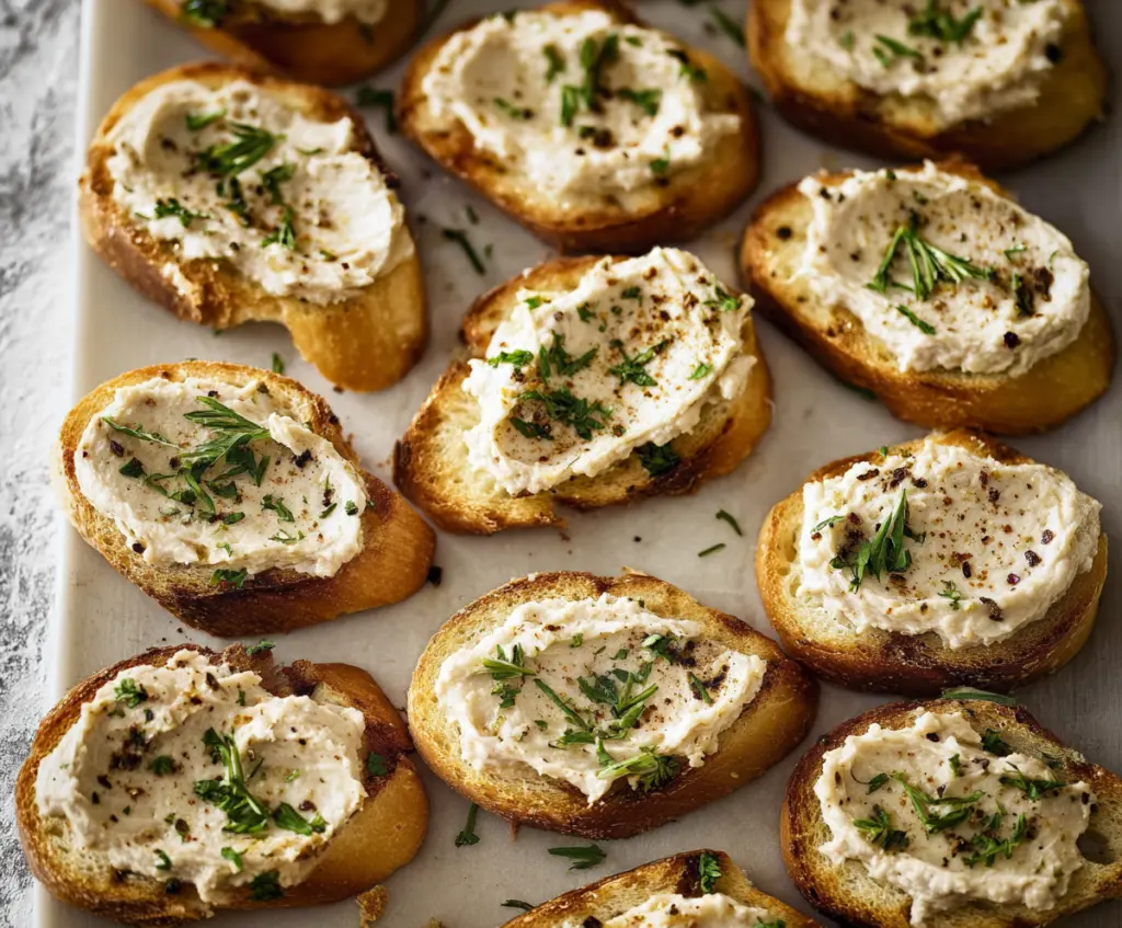 Crostini topped with creamy white bean spread garnished with herbs, served as a delicious appetizer.