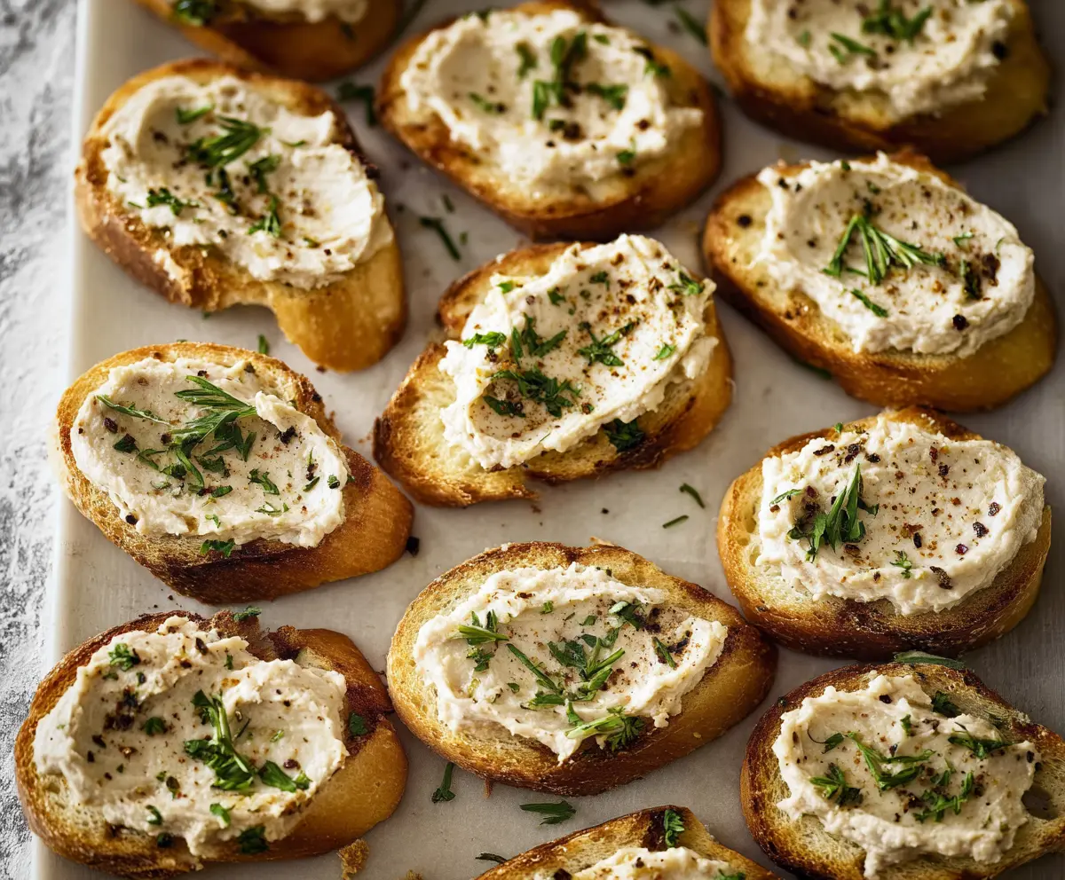 Crostini topped with creamy white bean spread garnished with herbs, served as a delicious appetizer.