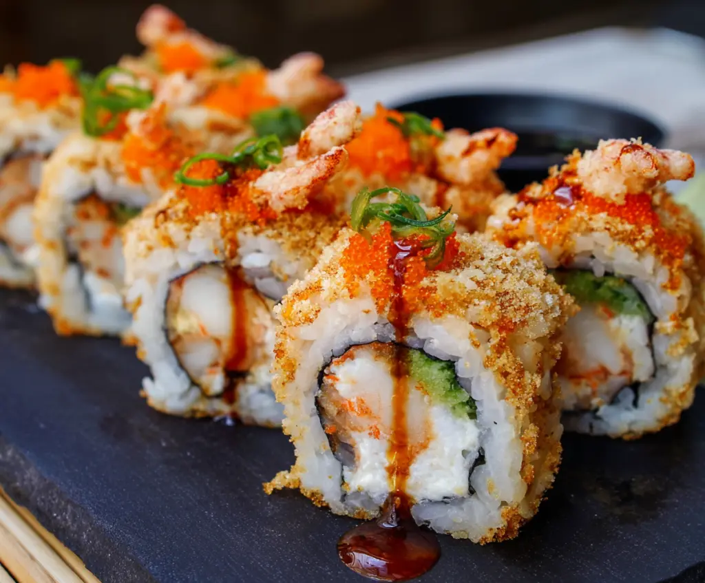 Crunchy shrimp tempura sushi roll with fresh avocado and spicy mayo