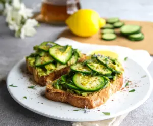 Fresh cucumber and creamy avocado toast garnished with herbs on a rustic plate, perfect for a healthy snack.