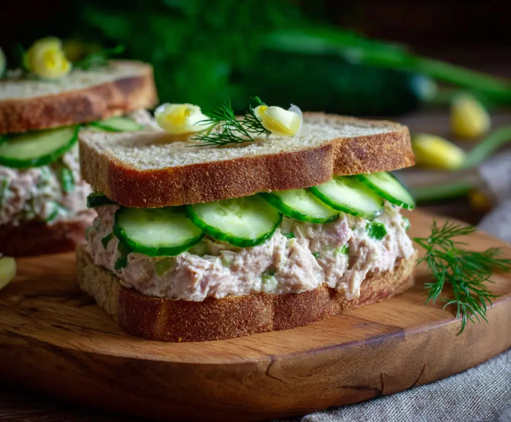 Fresh cucumber and tuna sandwich on whole wheat bread, perfect for a healthy lunch.