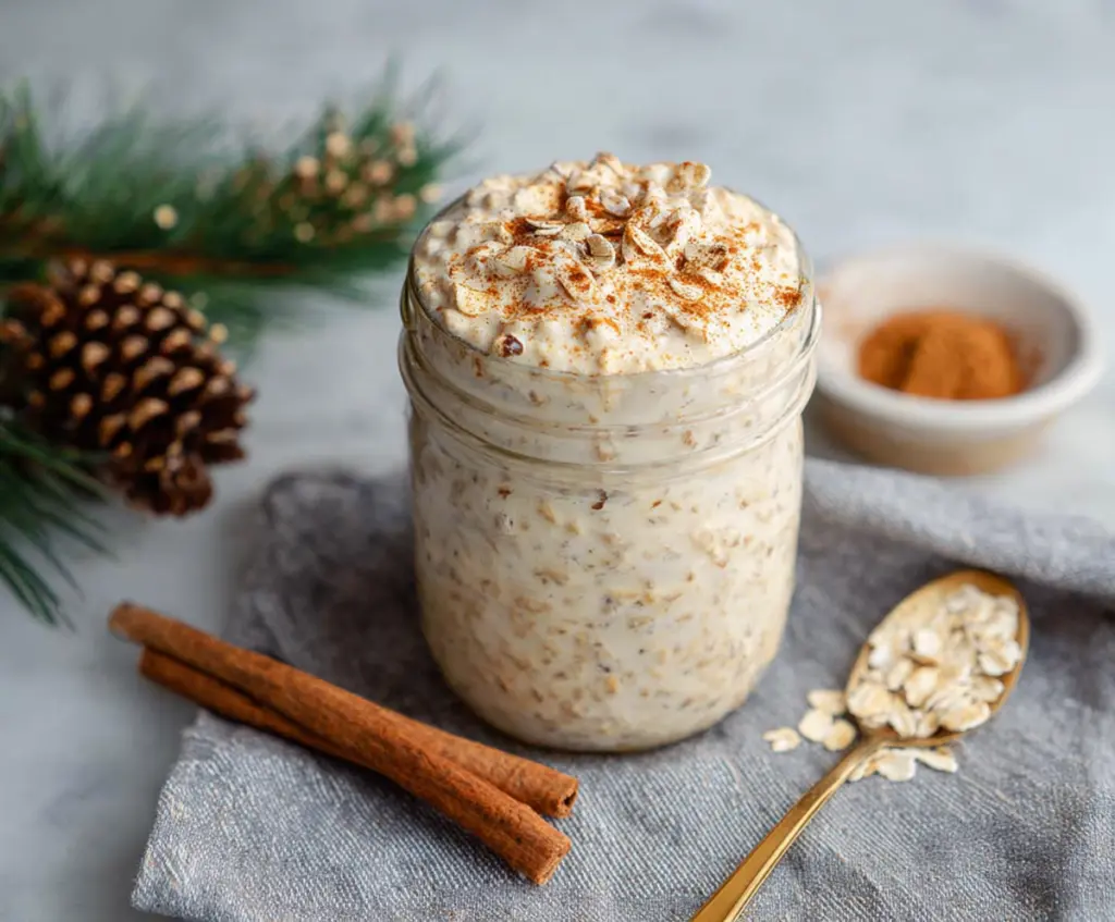 Creamy Eggnog Overnight Oats in a glass jar topped with nutmeg and cinnamon for a festive breakfast.