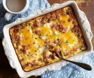 Delicious Farmer's Breakfast Casserole with eggs, sausage, and vegetables in a baking dish.