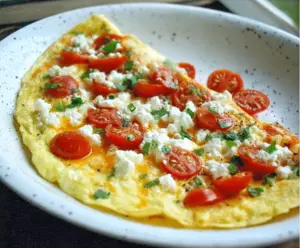 Delicious feta and tomato omelet served on a plate, perfect for breakfast or brunch.