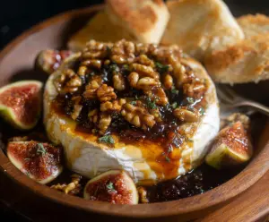Delicious Fig Walnut Baked Brie cheese appetizer with fresh figs and walnuts on a wooden platter.