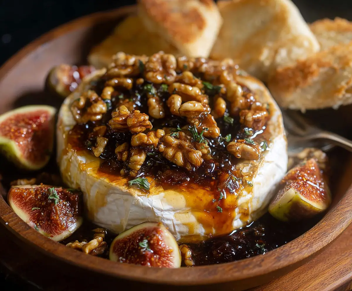 Delicious Fig Walnut Baked Brie cheese appetizer with fresh figs and walnuts on a wooden platter.
