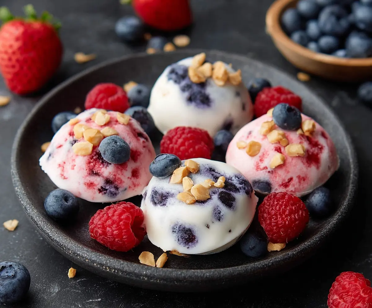Delicious frozen yogurt bites with colorful toppings, perfect for a healthy snack.