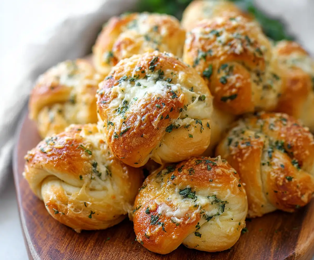 Golden garlic parmesan knots served fresh with melted cheese and aromatic herbs.