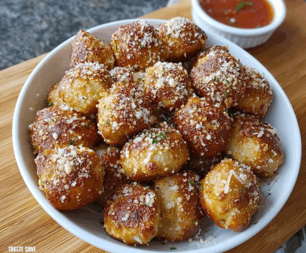 Golden garlic Parmesan pretzel bites sprinkled with fresh herbs and grated cheese.