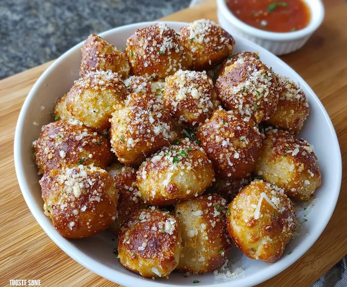 Golden garlic Parmesan pretzel bites sprinkled with fresh herbs and grated cheese.