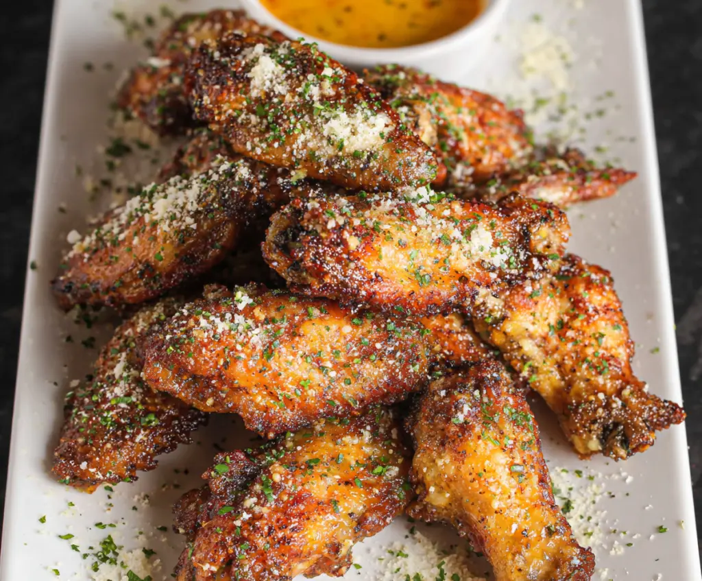 Hungarian-style Garlic Parmesan Wings served with crispy skin, topped with melted Parmesan cheese and fresh herbs.