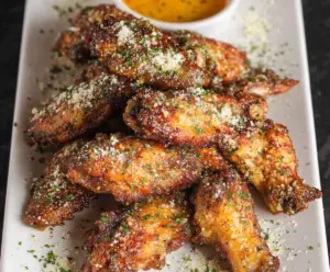 Hungarian-style Garlic Parmesan Wings served with crispy skin, topped with melted Parmesan cheese and fresh herbs.