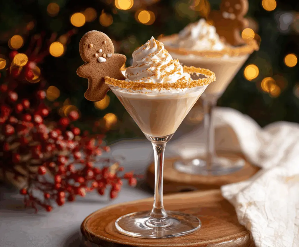 A festive Gingerbread Martini garnished with a cinnamon stick and gingerbread cookie on a holiday table.